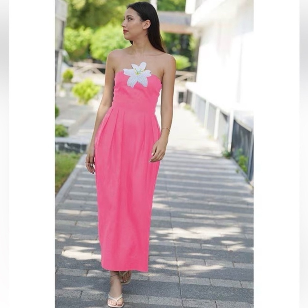 Fanm Mon LORR LINEN LATRICE DRESS Fuchsia Flower Embroidered Pleats Pockets $389